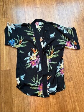 Kona Sol Black Floral Swim Coverup with Pink Orange Blue Accents. Front tie.